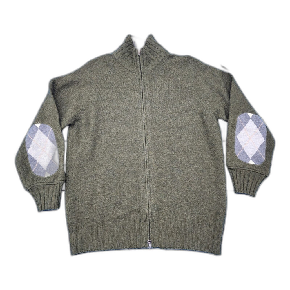 Peter Geeson Olive Wool Sweater M | Made in Italy Argyle Elbow Patch Knit